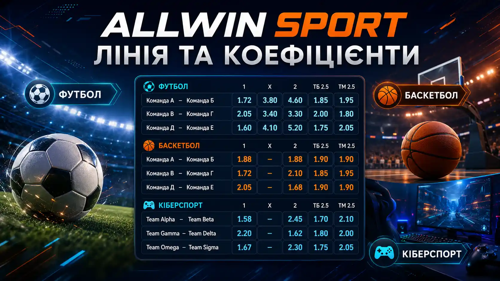 Лінія та коефіцієнти Allwin sport &mdash; ставки на футбол, баскетбол і кіберспорт